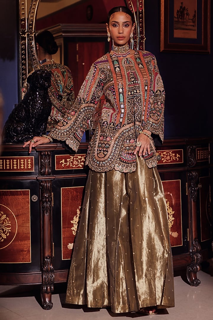 Black Silk Brickwork Embroidered Jacket Set by Dareaab by Sonia k Mahajan at Pernia's Pop Up Shop