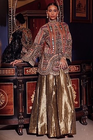 Black Silk Brickwork Embroidered Jacket Set by Dareaab by Sonia k Mahajan