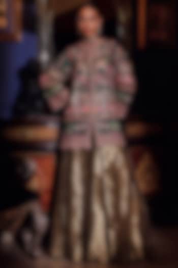 Rust Gold Silk Zardosi Embroidered Jacket Set by Dareaab by Sonia k Mahajan at Pernia's Pop Up Shop
