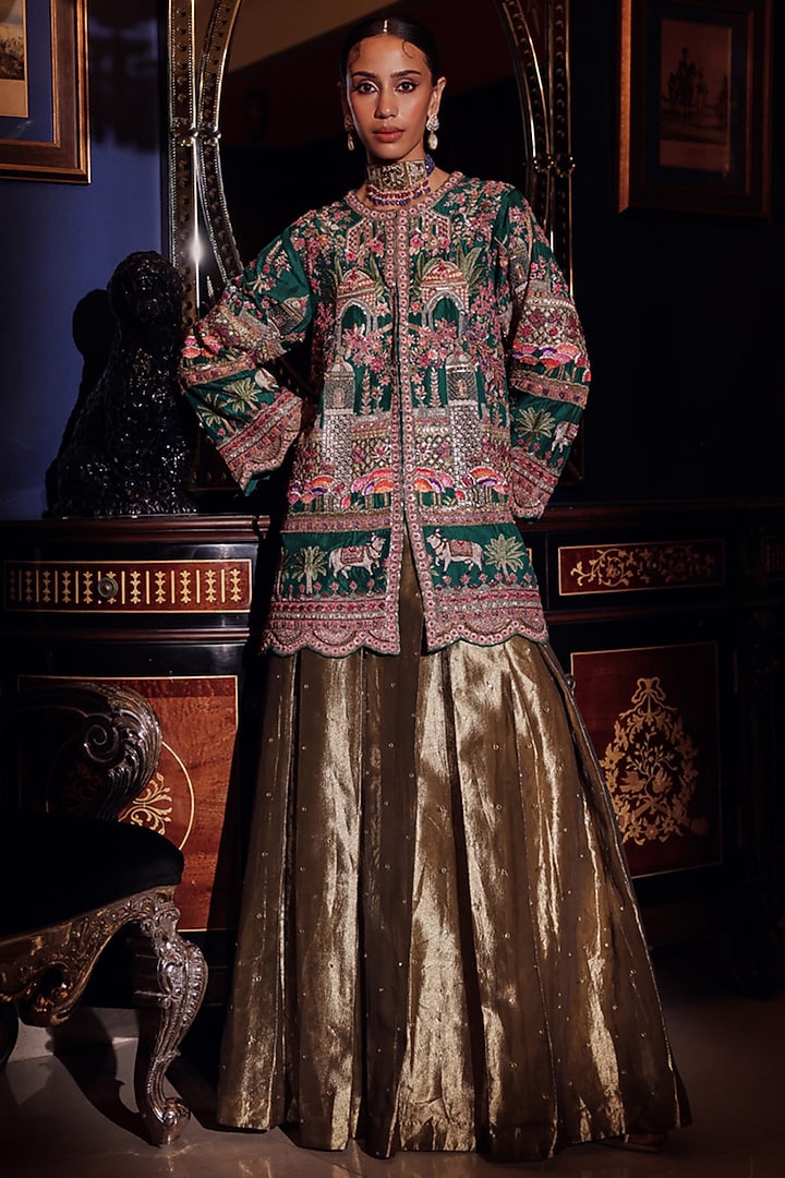 Rust Gold Silk Zardosi Embroidered Jacket Set by Dareaab by Sonia k Mahajan at Pernia's Pop Up Shop