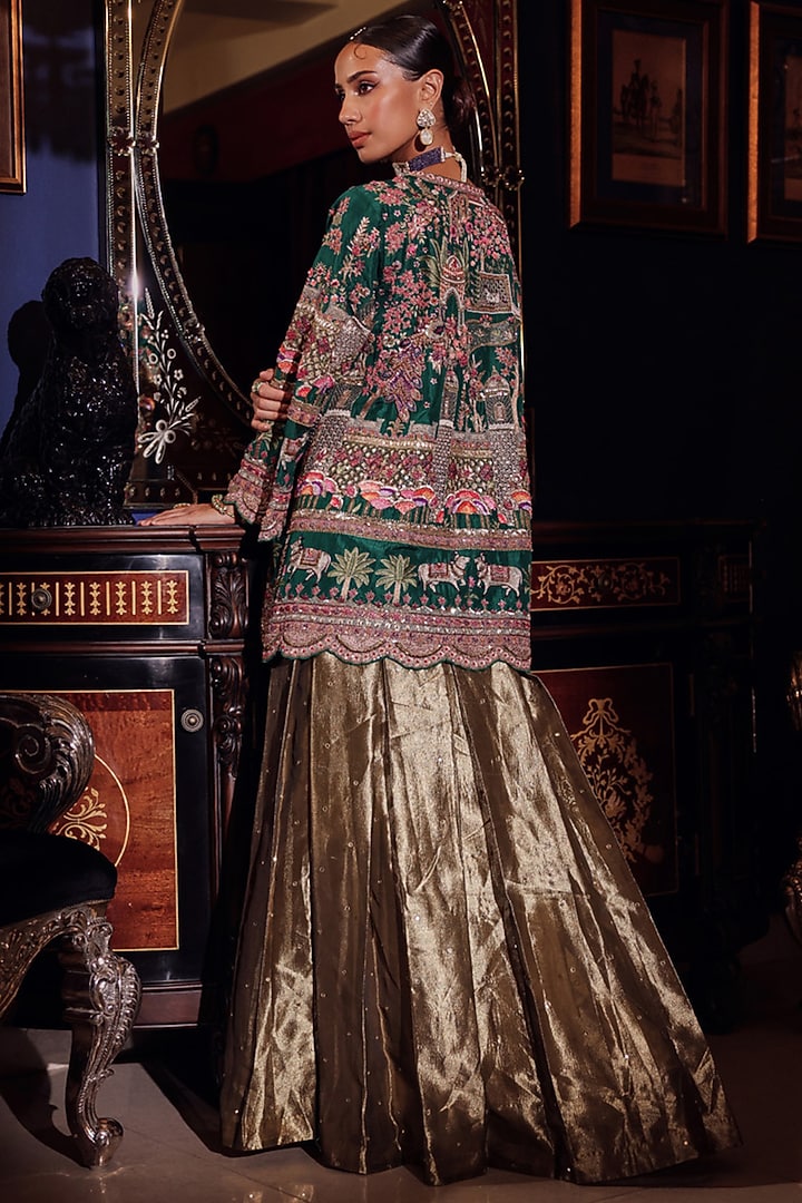 Rust Gold Silk Zardosi Embroidered Jacket Set by Dareaab by Sonia k Mahajan at Pernia's Pop Up Shop