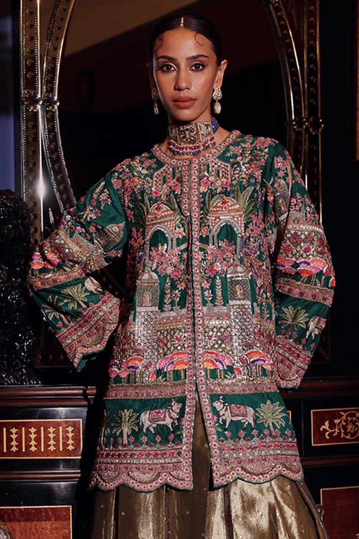 Rust Gold Silk Zardosi Embroidered Jacket Set by Dareaab by Sonia k Mahajan at Pernia's Pop Up Shop