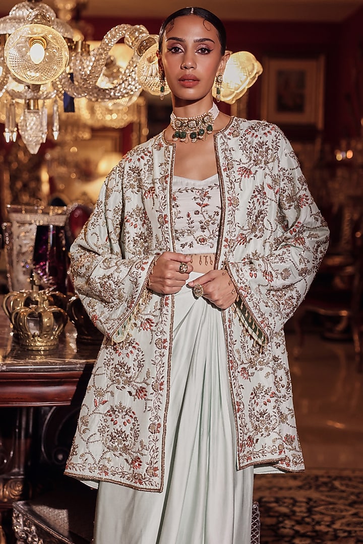 Pistachio Silk Zardosi Embroidered Jacket Set by Dareaab by Sonia k Mahajan at Pernia's Pop Up Shop
