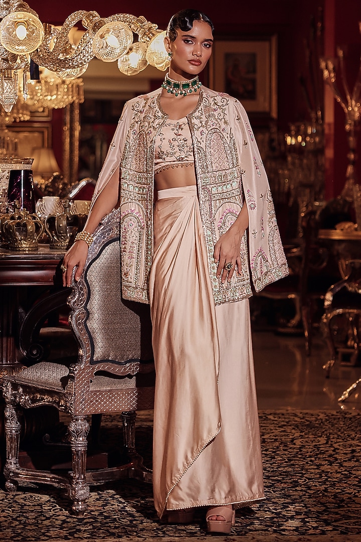 Peach Silk Zardosi Embroidered Jacket Set by Dareaab by Sonia k Mahajan at Pernia's Pop Up Shop