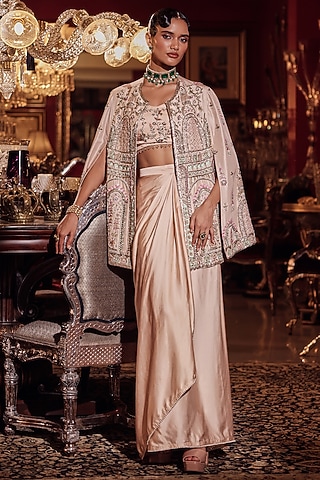 Peach Silk Zardosi Embroidered Jacket Set by Dareaab by Sonia k Mahajan