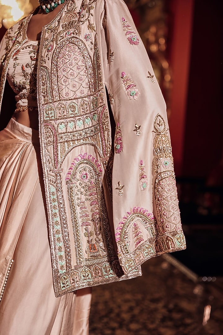 Peach Silk Zardosi Embroidered Jacket Set by Dareaab by Sonia k Mahajan at Pernia's Pop Up Shop