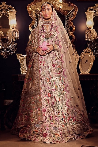 Ivory & Gold Silk Kalamkari Embroidered Lehenga Set by Dareaab by Sonia k Mahajan