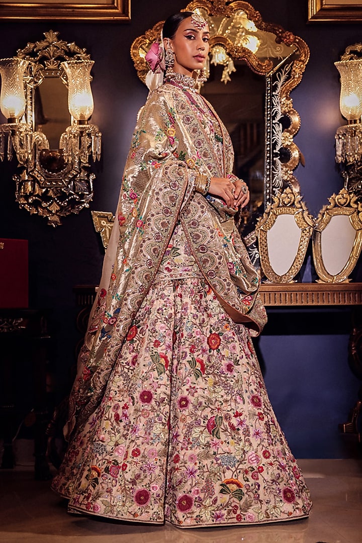 Ivory & Gold Silk Kalamkari Embroidered Bridal Lehenga Set by Dareaab by Sonia k Mahajan at Pernia's Pop Up Shop