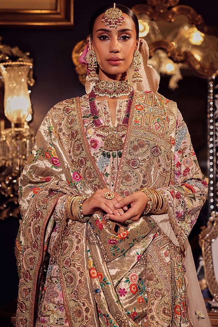 Ivory & Gold Silk Kalamkari Embroidered Bridal Lehenga Set by Dareaab by Sonia k Mahajan at Pernia's Pop Up Shop
