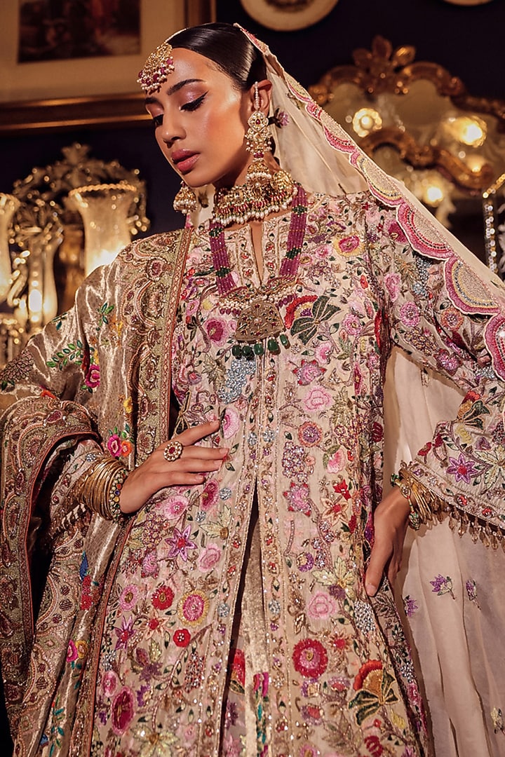 Ivory & Gold Silk Kalamkari Embroidered Bridal Lehenga Set by Dareaab by Sonia k Mahajan at Pernia's Pop Up Shop