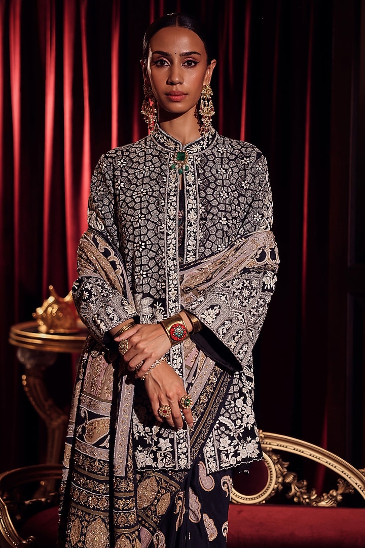 Black Silk Thread Embroidered Jacket by Dareaab by Sonia k Mahajan at Pernia's Pop Up Shop