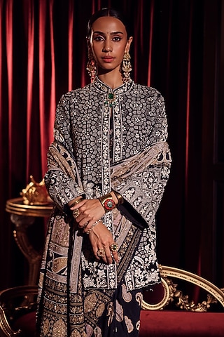 Black Silk Thread Embroidered Jacket by Dareaab by Sonia k Mahajan