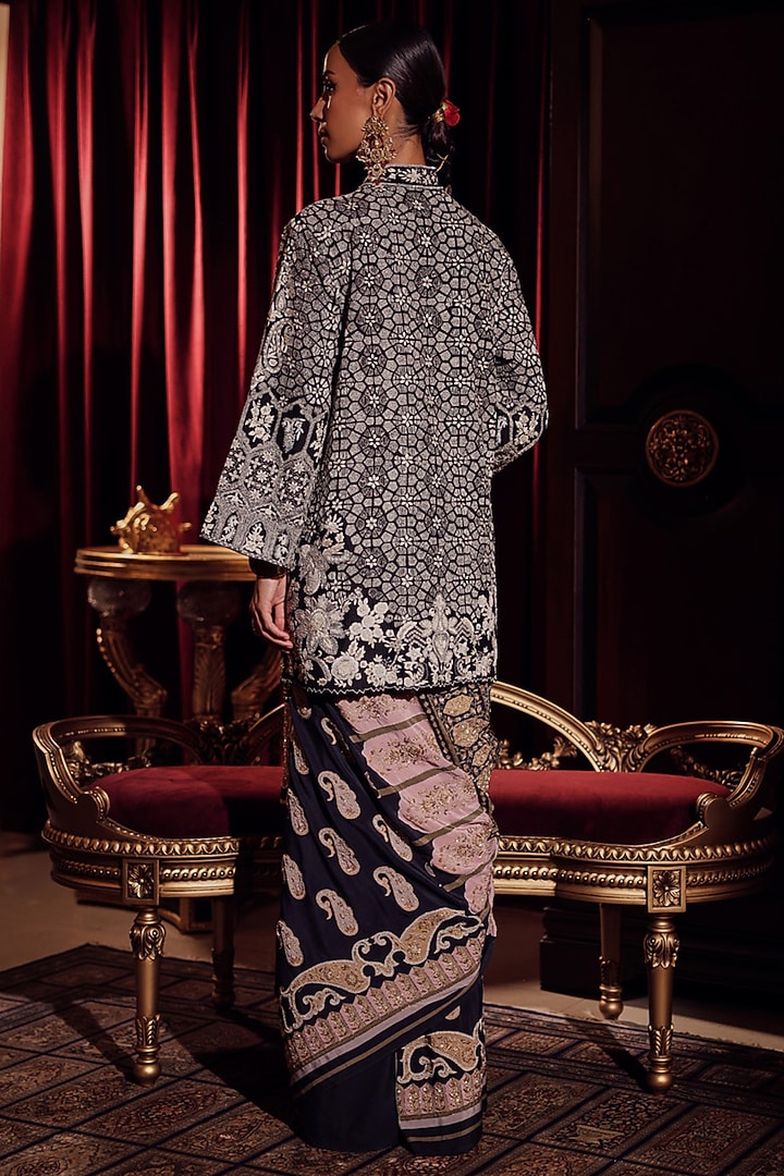 Black Silk Thread Embroidered Jacket by Dareaab by Sonia k Mahajan at Pernia's Pop Up Shop