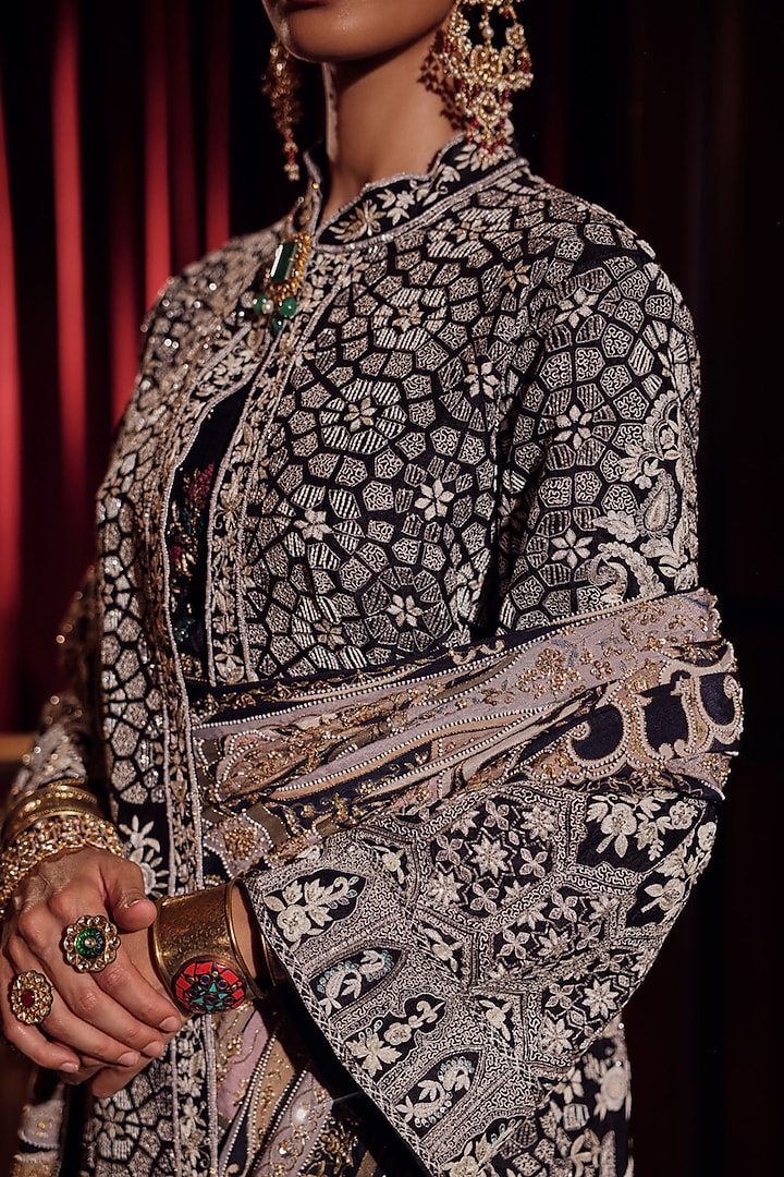 Black Silk Thread Embroidered Jacket by Dareaab by Sonia k Mahajan at Pernia's Pop Up Shop