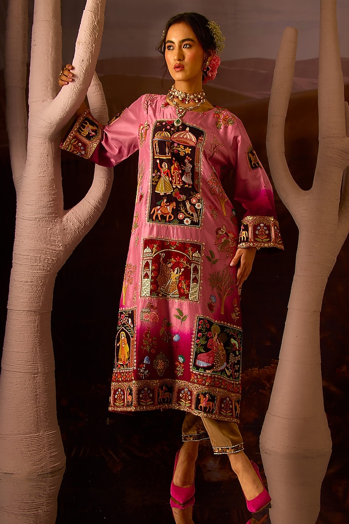 Shaded Pink Premium Floral Motif Kurta Set by Dareaab by Sonia k Mahajan at Pernia's Pop Up Shop