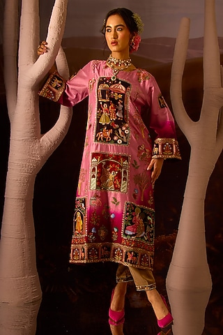 Shaded Pink Premium Floral Motif Kurta Set by Dareaab by Sonia k Mahajan