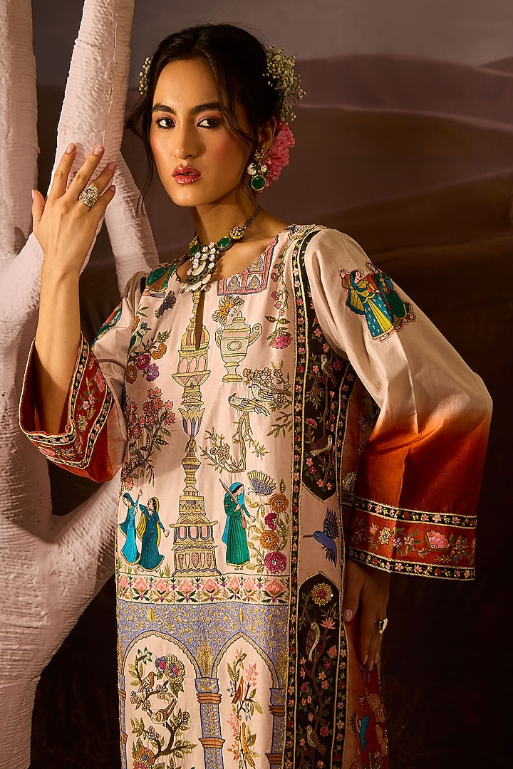 Cream Silk Hand Embroidered Kurta Set by Dareaab by Sonia k Mahajan at Pernia's Pop Up Shop