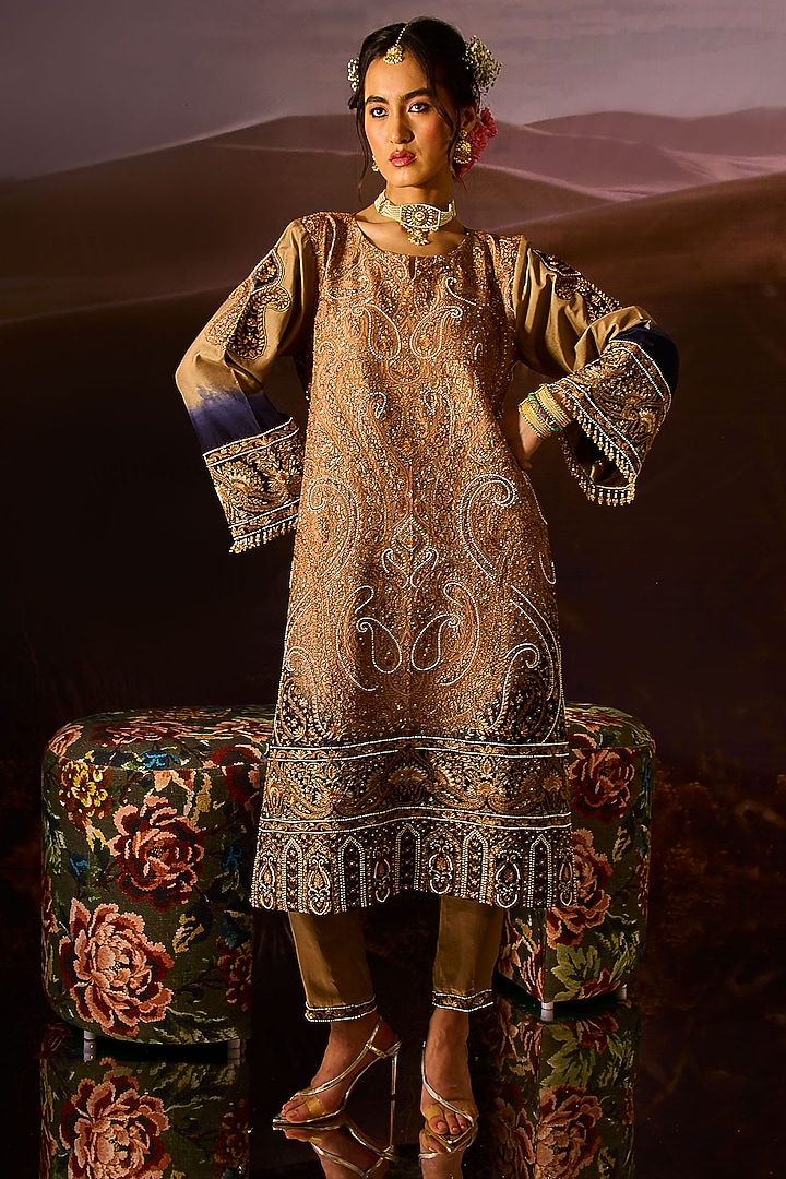 Golden Brown Silk Kalamkari Kurta Set by Dareaab by Sonia k Mahajan at Pernia's Pop Up Shop