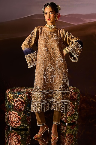 Golden Brown Silk Kalamkari Kurta Set by Dareaab by Sonia k Mahajan