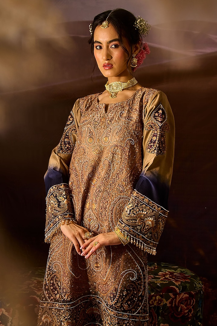 Golden Brown Silk Kalamkari Kurta Set by Dareaab by Sonia k Mahajan at Pernia's Pop Up Shop