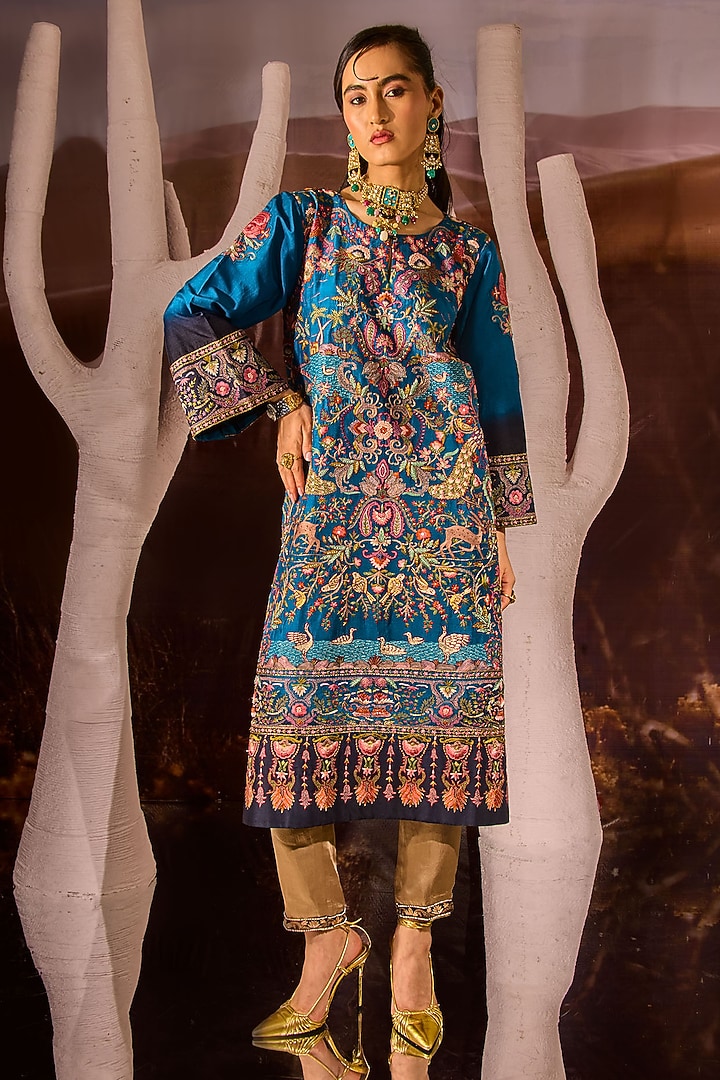 Marine Blue Silk Kurta Set by Dareaab by Sonia k Mahajan at Pernia's Pop Up Shop