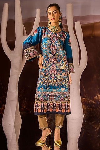 Marine Blue Silk Kurta Set by Dareaab by Sonia k Mahajan