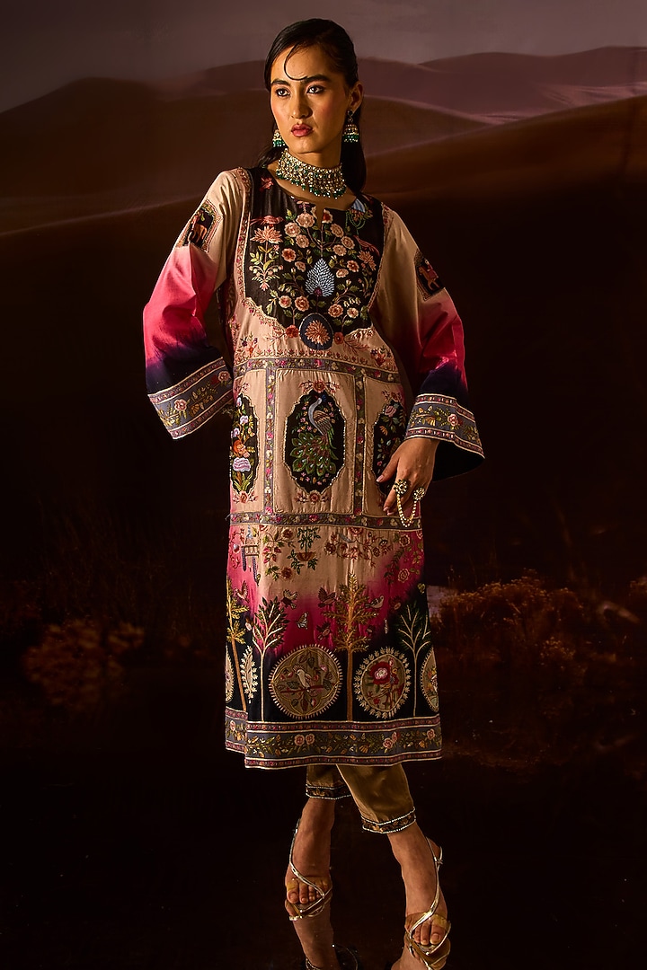Shaded Pink & Black Silk Kurta Set by Dareaab by Sonia k Mahajan at Pernia's Pop Up Shop
