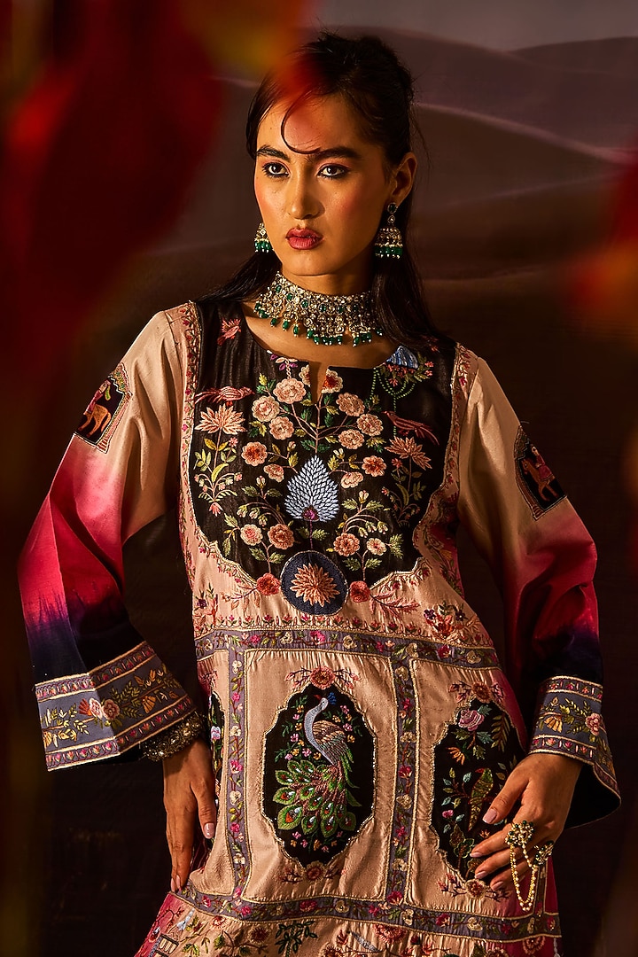 Shaded Pink & Black Silk Kurta Set by Dareaab by Sonia k Mahajan at Pernia's Pop Up Shop