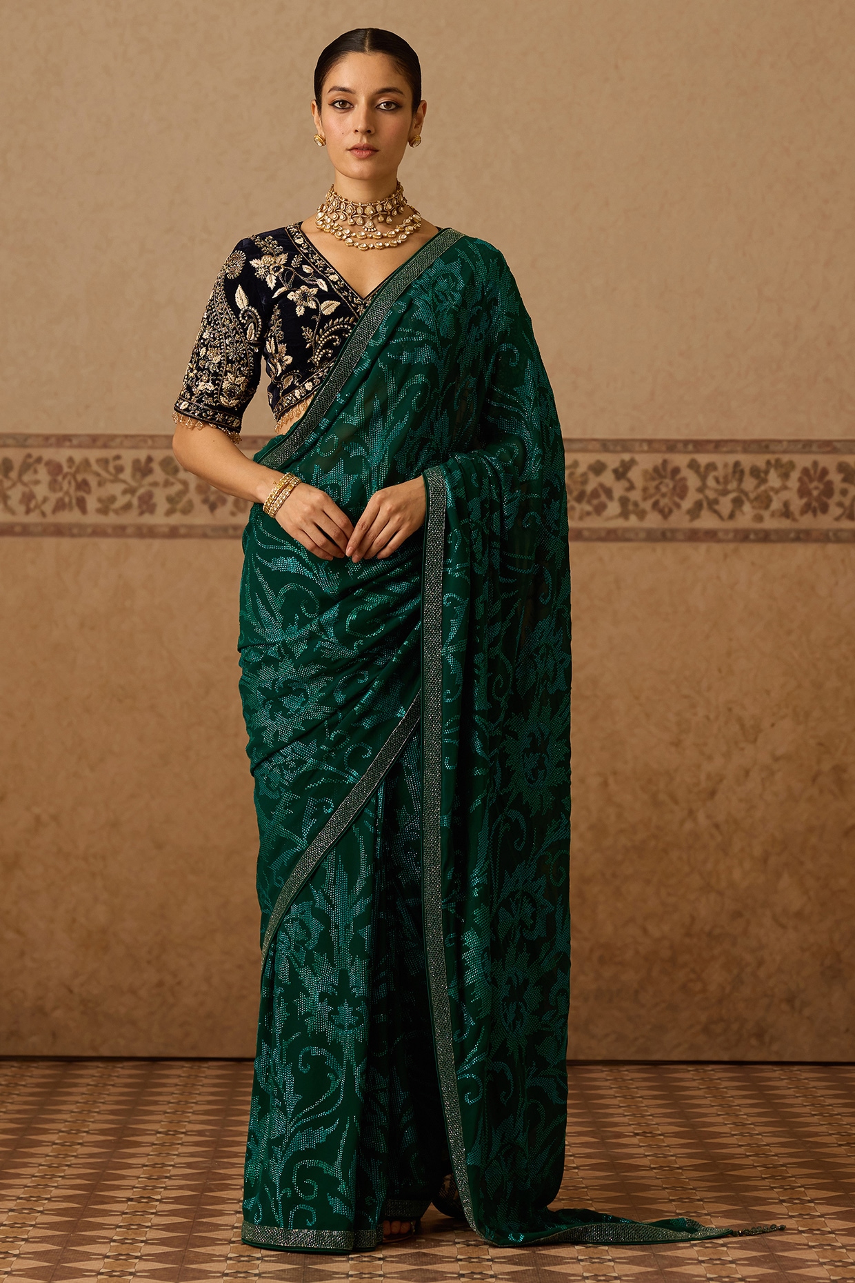 Dareaab by Sonia k Mahajan Peacock Green Georgette Mosaic Printed Saree