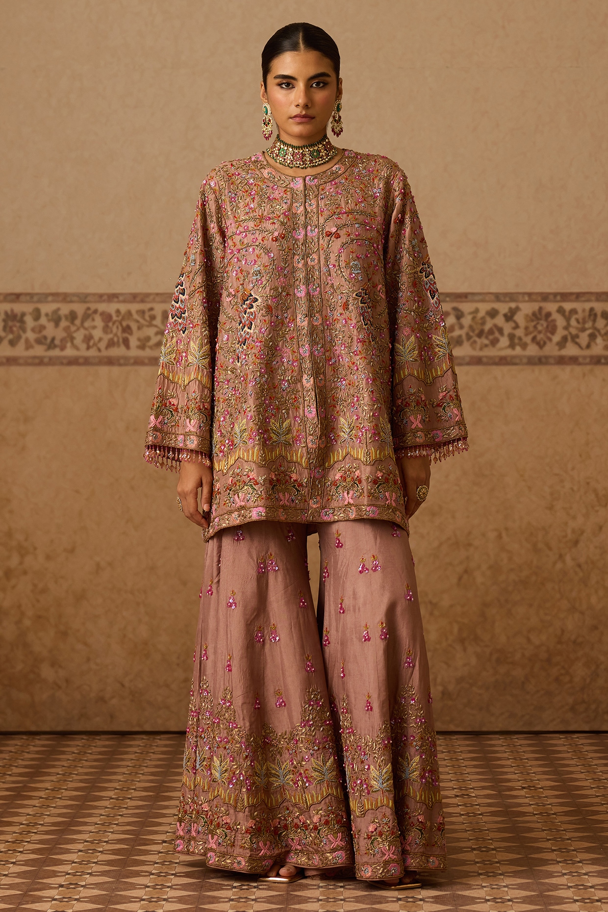 Dareaab by Sonia k Mahajan Onion Pink Silk Hand Embroidered Gharara Set