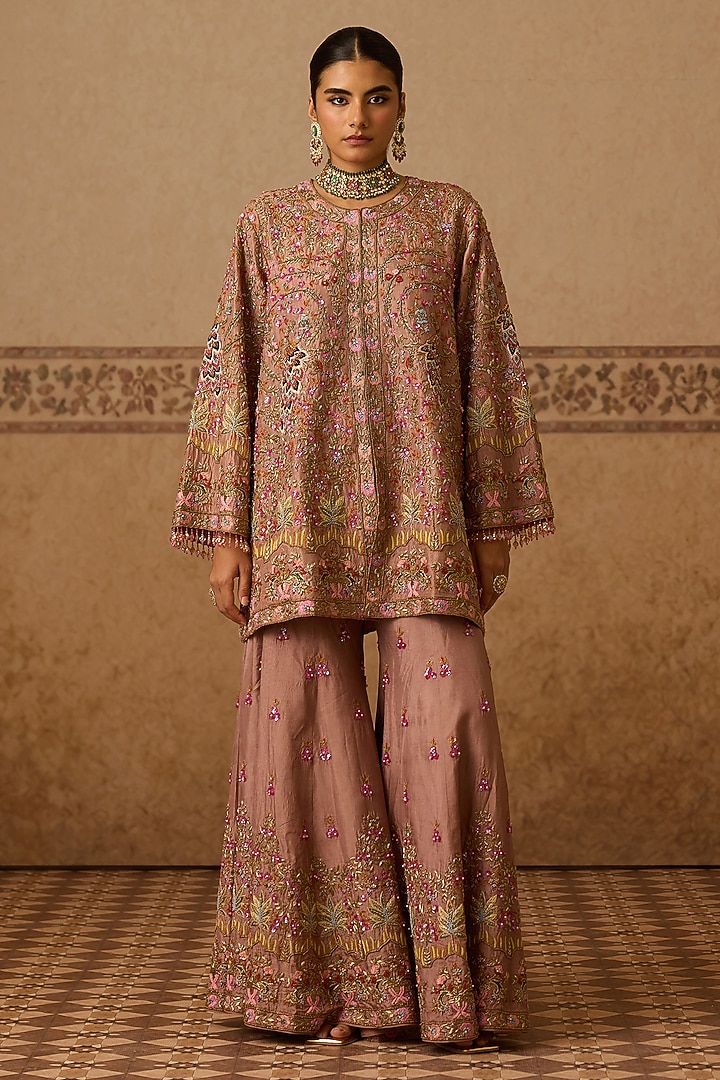Onion Pink Silk Hand Embroidered Gharara Set by Dareaab by Sonia k Mahajan at Pernia's Pop Up Shop