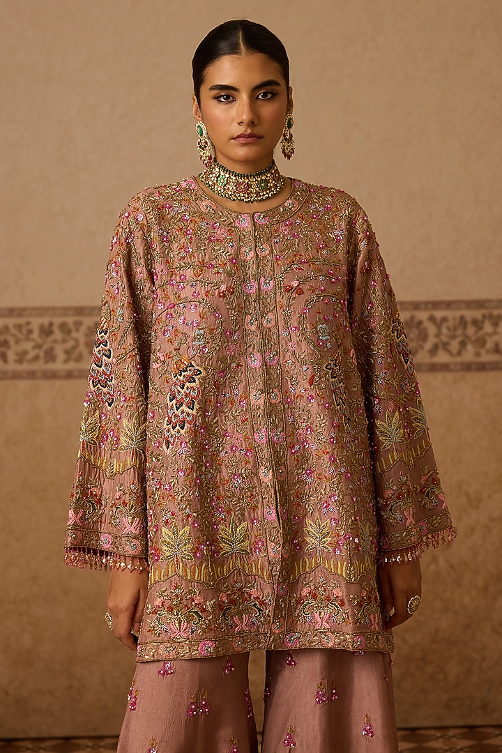 Onion Pink Silk Hand Embroidered Gharara Set by Dareaab by Sonia k Mahajan at Pernia's Pop Up Shop