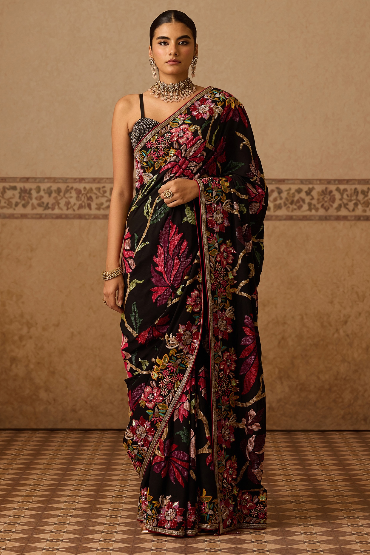 Dareaab by Sonia k Mahajan Black Georgette Floral Printed & Embroidered Saree Set