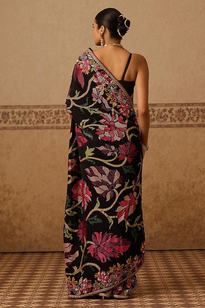 Black Georgette Floral Printed & Embroidered Bridal Saree Set by Dareaab by Sonia k Mahajan at Pernia's Pop Up Shop