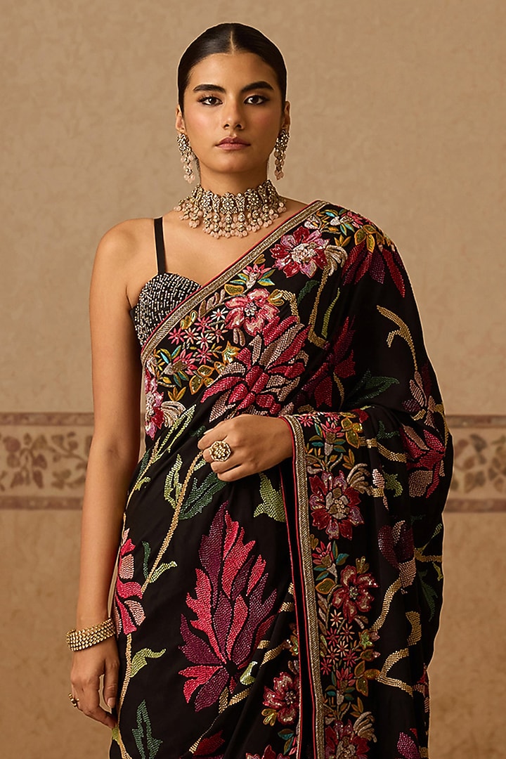 Black Georgette Floral Printed & Embroidered Bridal Saree Set by Dareaab by Sonia k Mahajan at Pernia's Pop Up Shop