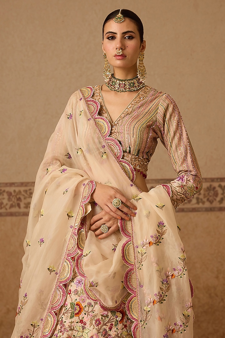Salmon Pink Silk Embroidered Bridal Bridal Lehenga Set by Dareaab by Sonia k Mahajan at Pernia's Pop Up Shop