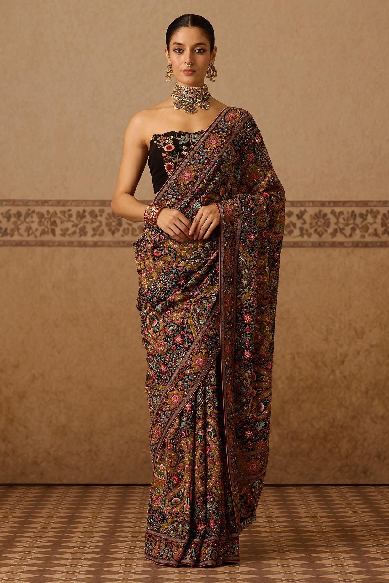 Dareaab by Sonia k Mahajan Black Georgette Hand Embroidered Saree Set