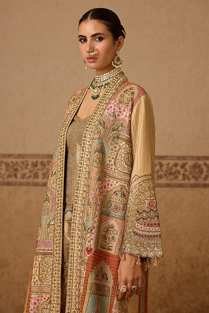 Gold Silk Hand Embroidered Jacket Set by Dareaab by Sonia k Mahajan at Pernia's Pop Up Shop