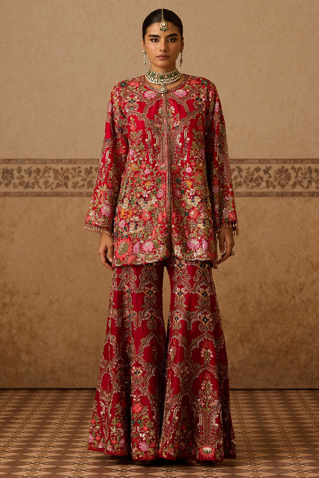 Dareaab by Sonia k Mahajan Red Silk Hand Embroidered Gharara Set