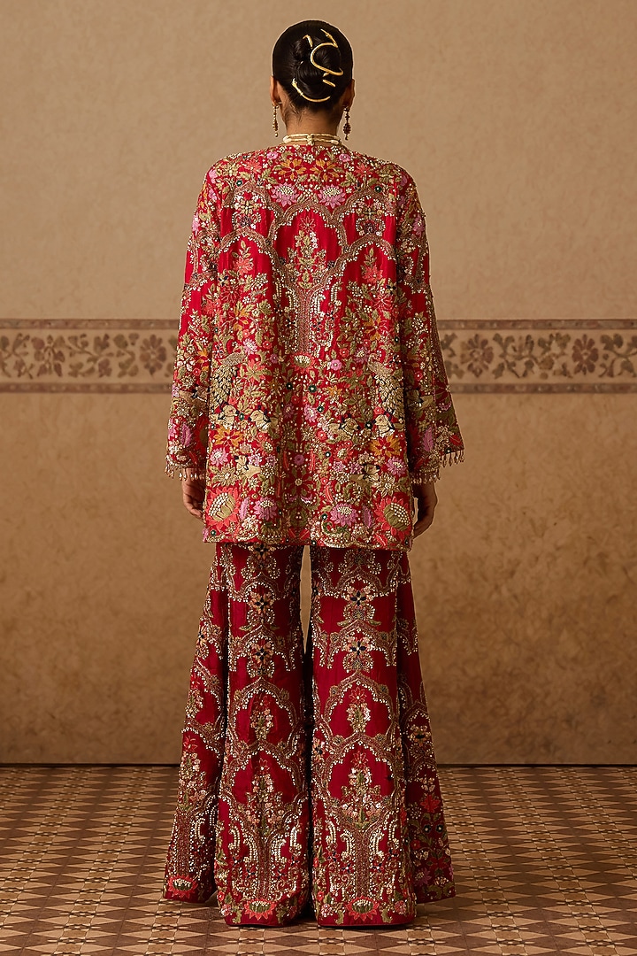 Red Silk Hand Embroidered Gharara Set by Dareaab by Sonia k Mahajan at Pernia's Pop Up Shop