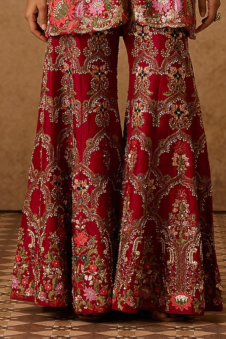Red Silk Hand Embroidered Gharara Set by Dareaab by Sonia k Mahajan at Pernia's Pop Up Shop