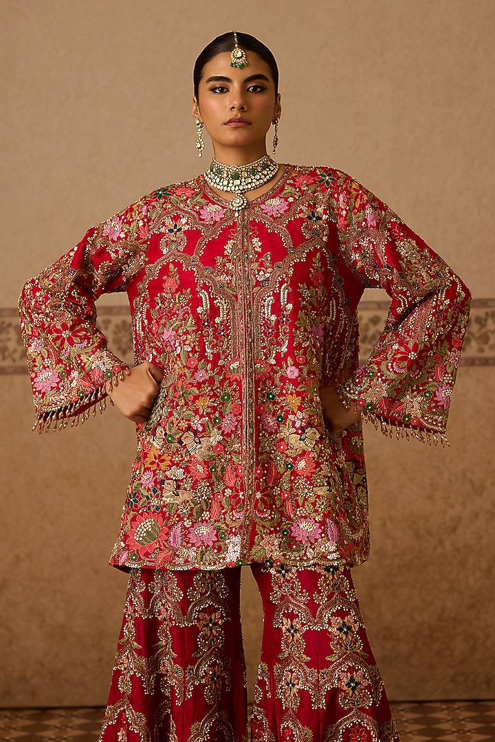 Red Silk Hand Embroidered Gharara Set by Dareaab by Sonia k Mahajan at Pernia's Pop Up Shop
