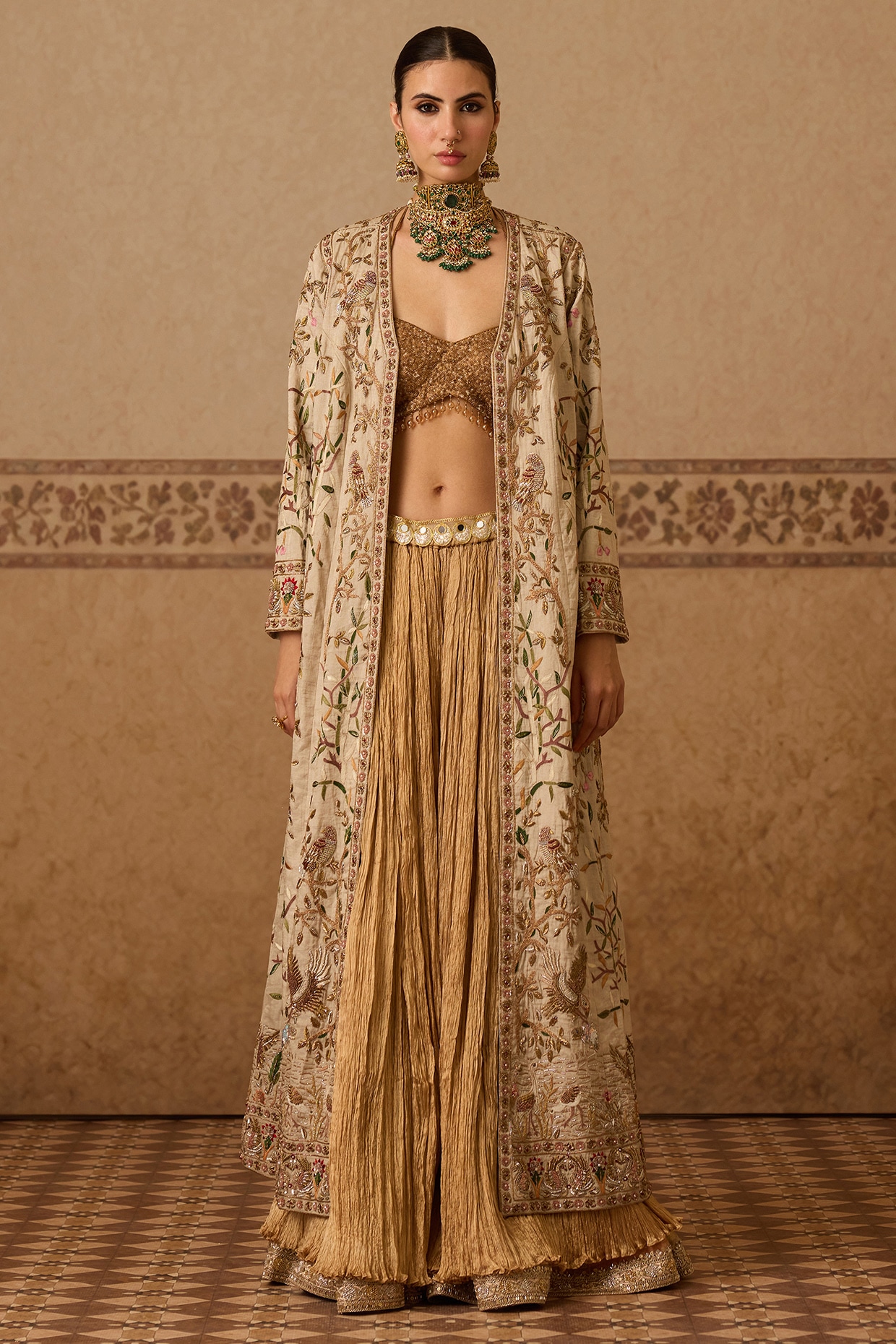 Dareaab by Sonia k Mahajan Cream Cotton Tissue Hand Embroidered Jacket Set