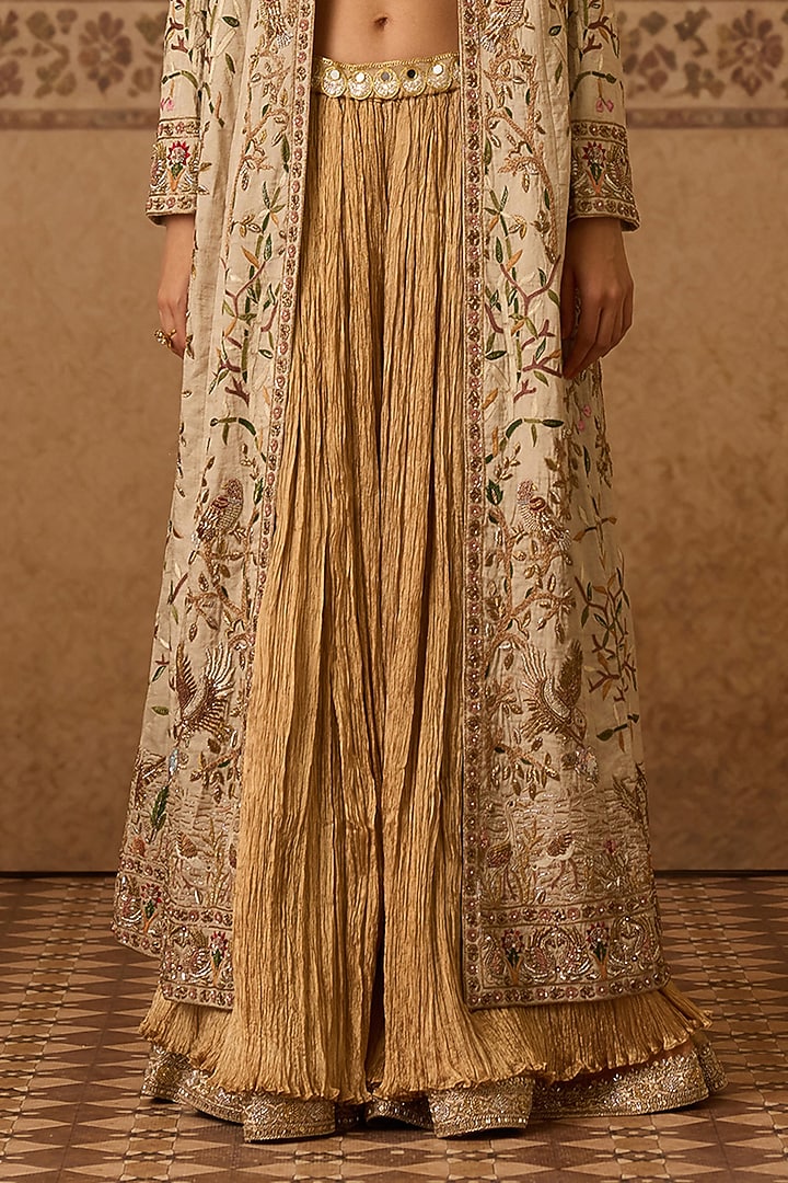 Cream Cotton Tissue Hand Embroidered Jacket Set by Dareaab by Sonia k Mahajan at Pernia's Pop Up Shop