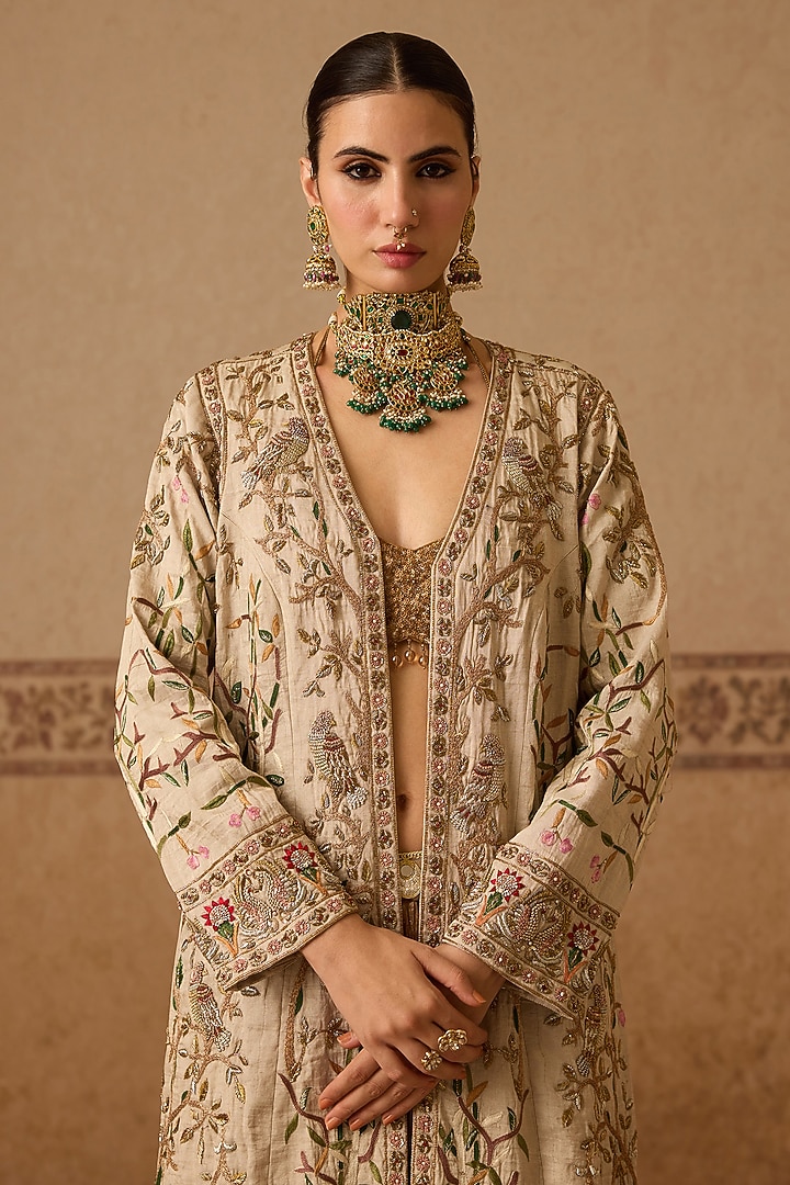 Cream Cotton Tissue Hand Embroidered Jacket Set by Dareaab by Sonia k Mahajan at Pernia's Pop Up Shop