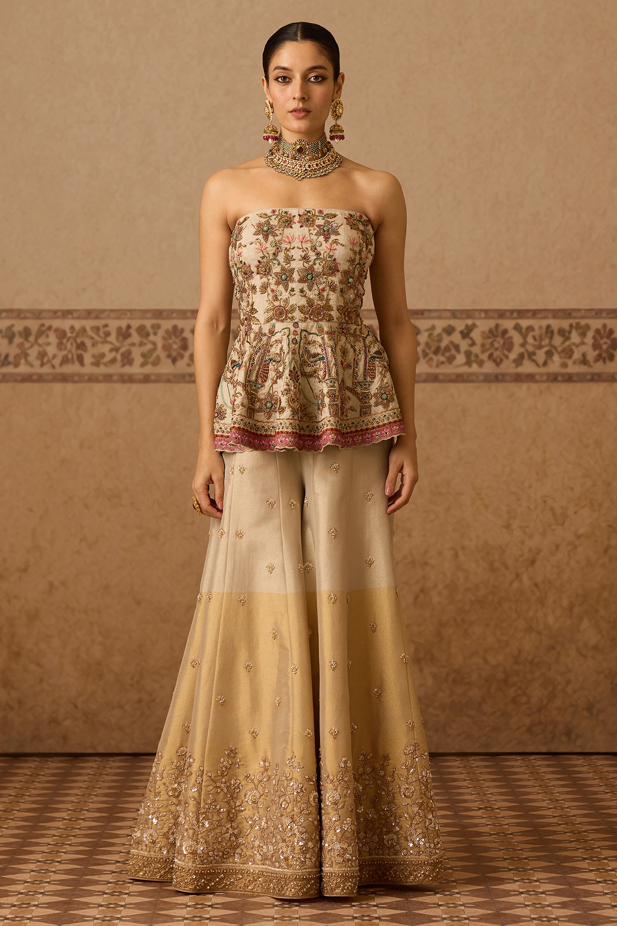 Dareaab by Sonia k Mahajan Ivory Cotton Tissue Embroidered Gharara Set