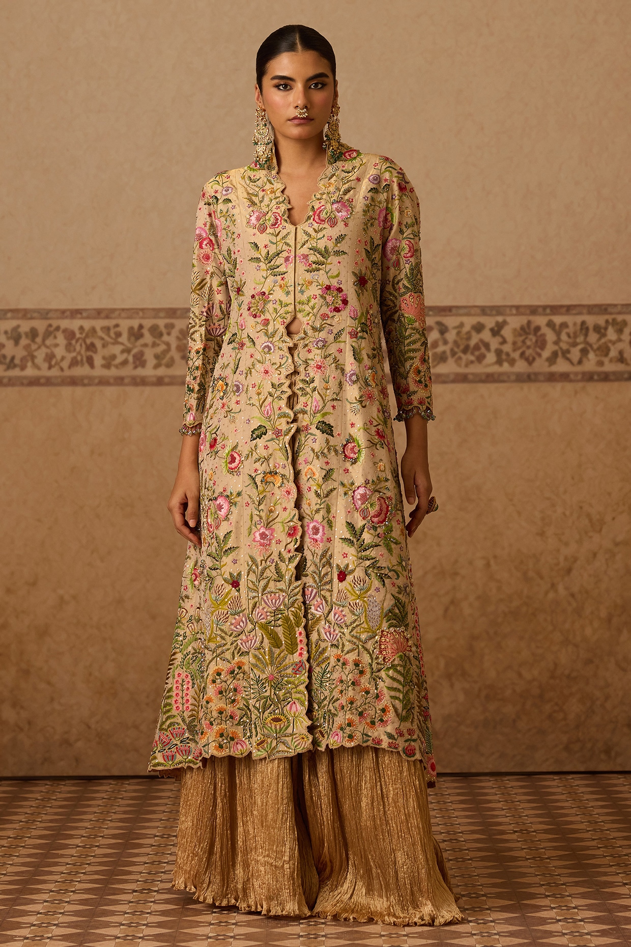 Dareaab by Sonia k Mahajan Ivory Cotton Tissue Embroidered Jacket Set