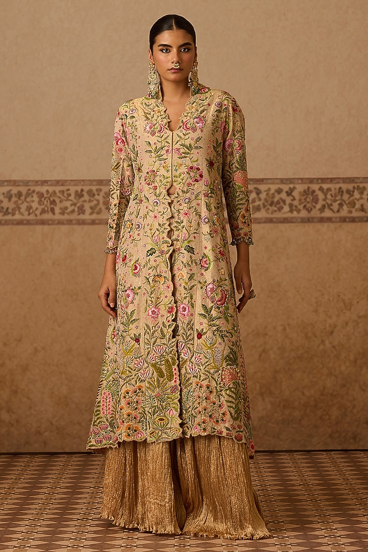 Ivory Cotton Tissue Embroidered Jacket Set by Dareaab by Sonia k Mahajan at Pernia's Pop Up Shop