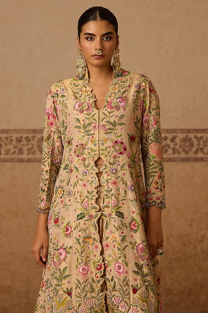 Ivory Cotton Tissue Embroidered Jacket Set by Dareaab by Sonia k Mahajan at Pernia's Pop Up Shop