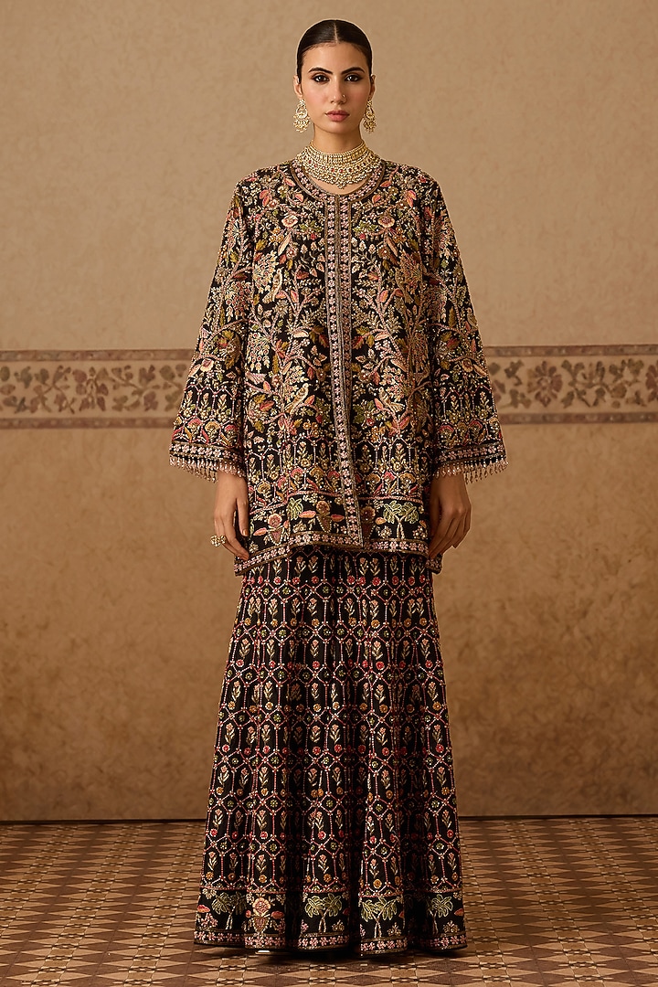 Black Silk Hand Embroidered Gharara Set by Dareaab by Sonia k Mahajan at Pernia's Pop Up Shop